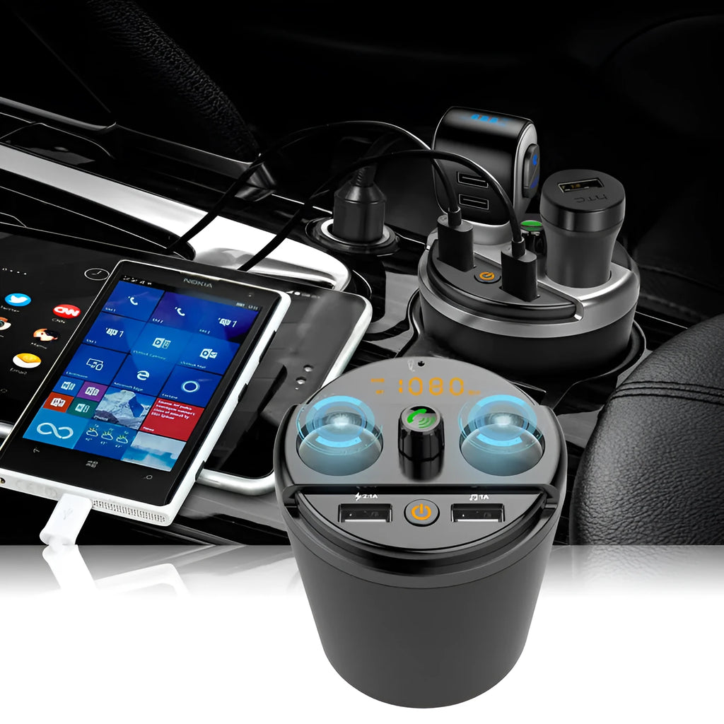 Black car cup Bluetooth MP3 player FM transmitter with dual USB ports and hands-free calling button
