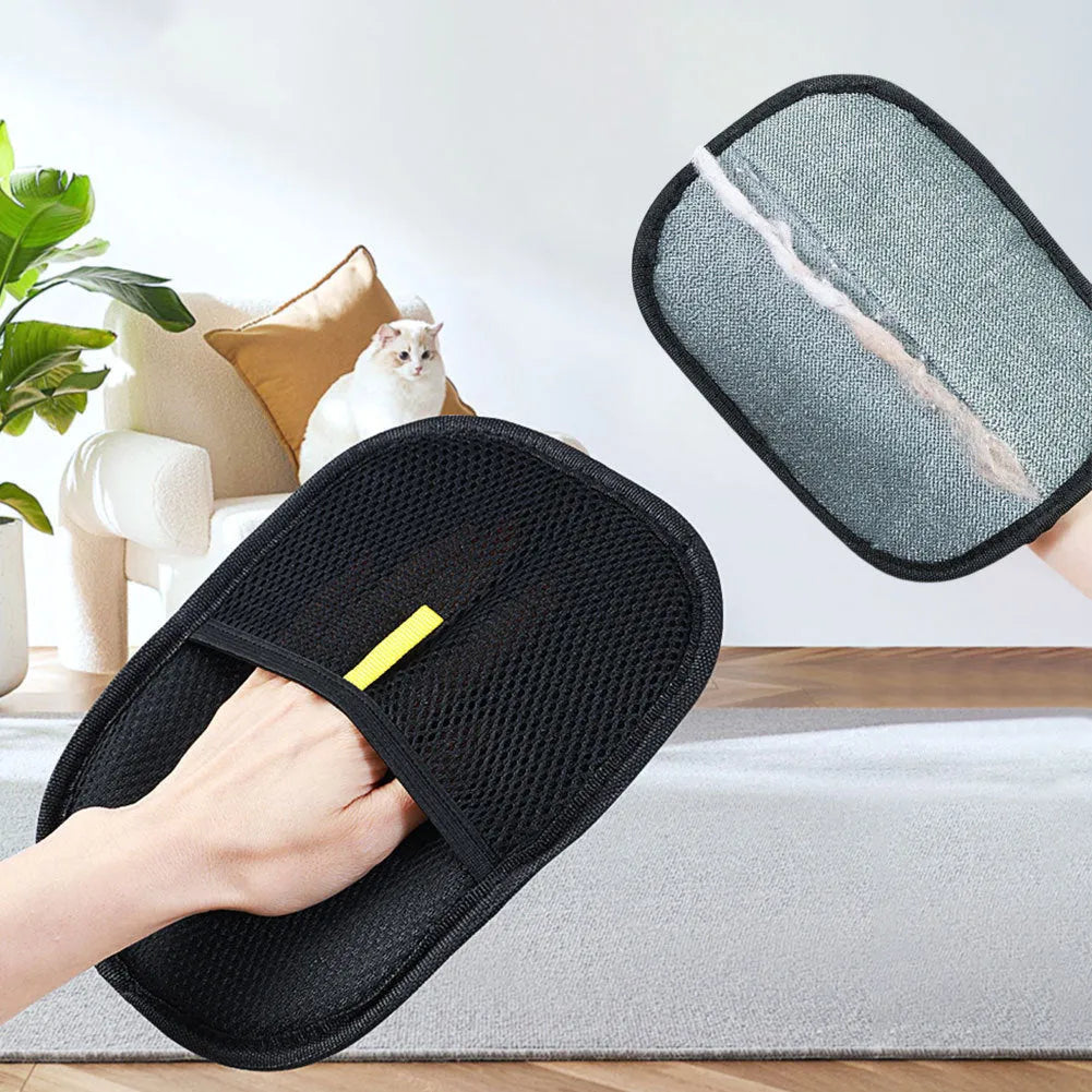 Black pet hair removal glove with silicone brushes on both sides, measuring 24cm by 16cm