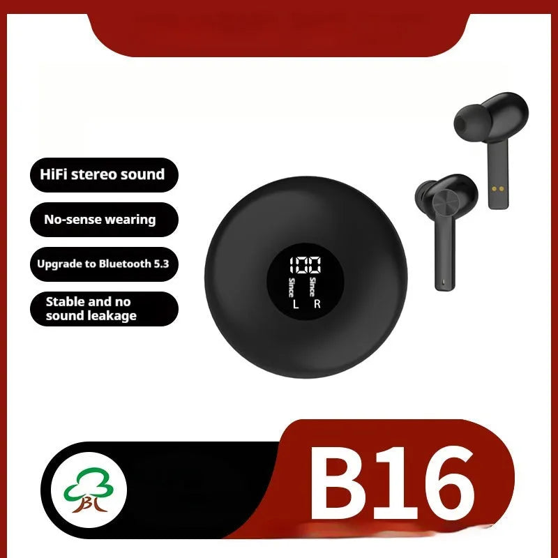 B16 Bluetooth Headset TWS 50 wireless in-ear earbuds with digital display charging case, ABS material, black colour