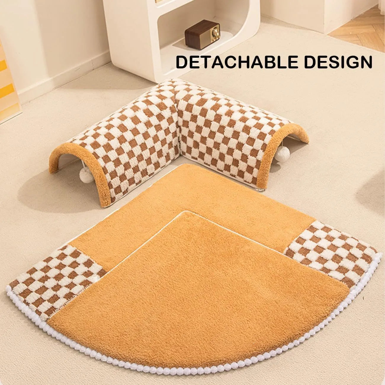 XL plush dog and cat bed with an attached tunnel in a plaid design, showing coffee colour and granular anti-slip bottom.