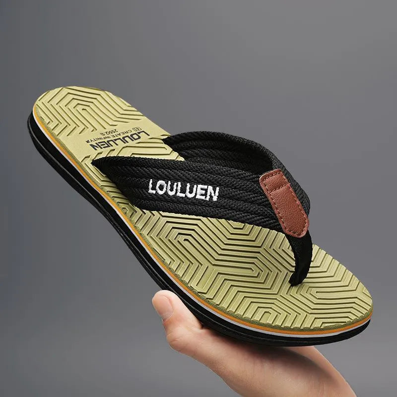 Men's black flip flops with EVA foam upper and textured PVC sole, shown on a neutral background.