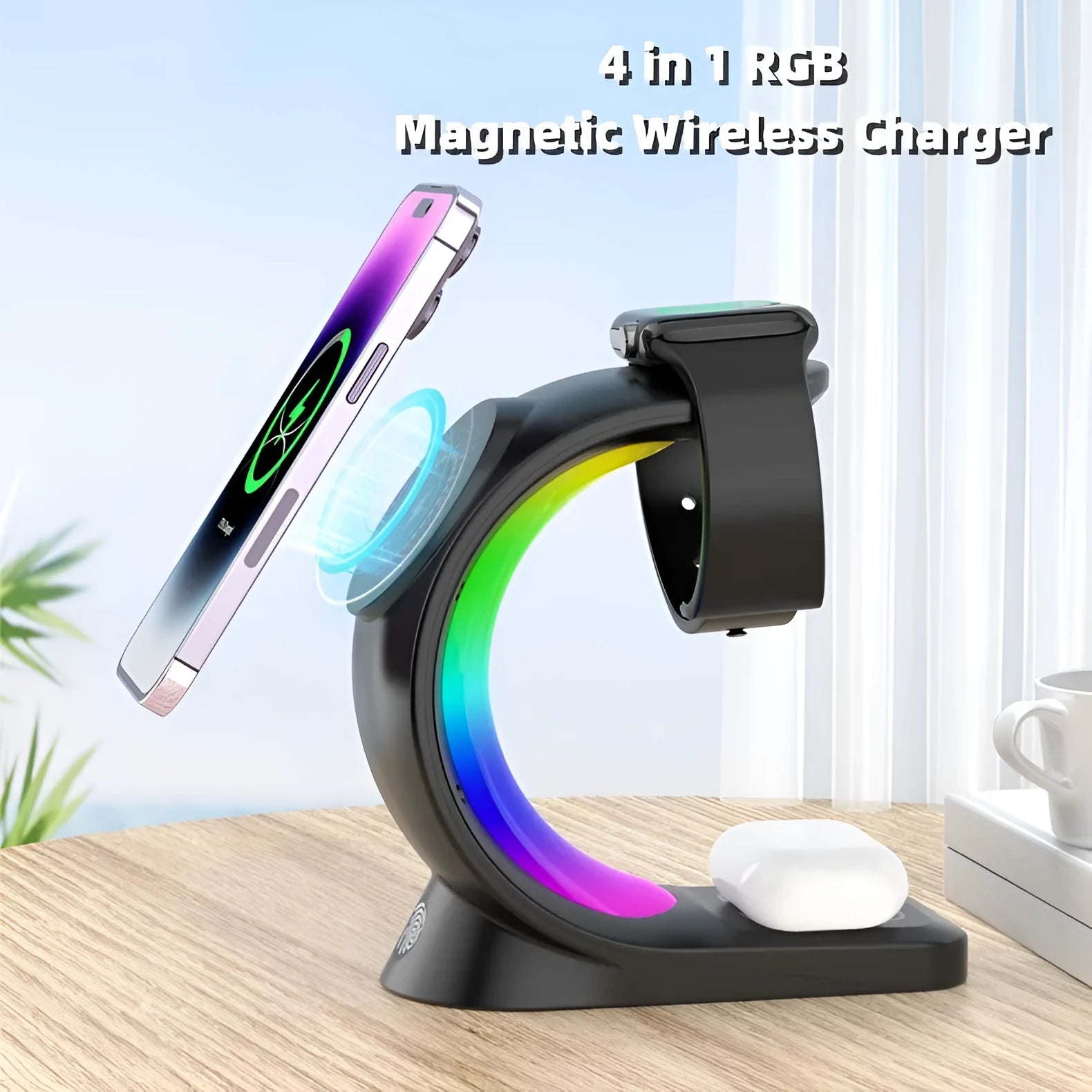 4 in 1 magnetic wireless charger fast charging station with RGB atmosphere light for iPhone AirPods Watch in black and white