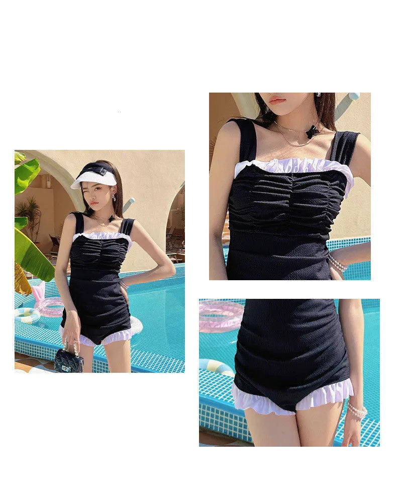 Women's solid colour one-piece swimsuit with suspender straps in pink, green, or black options