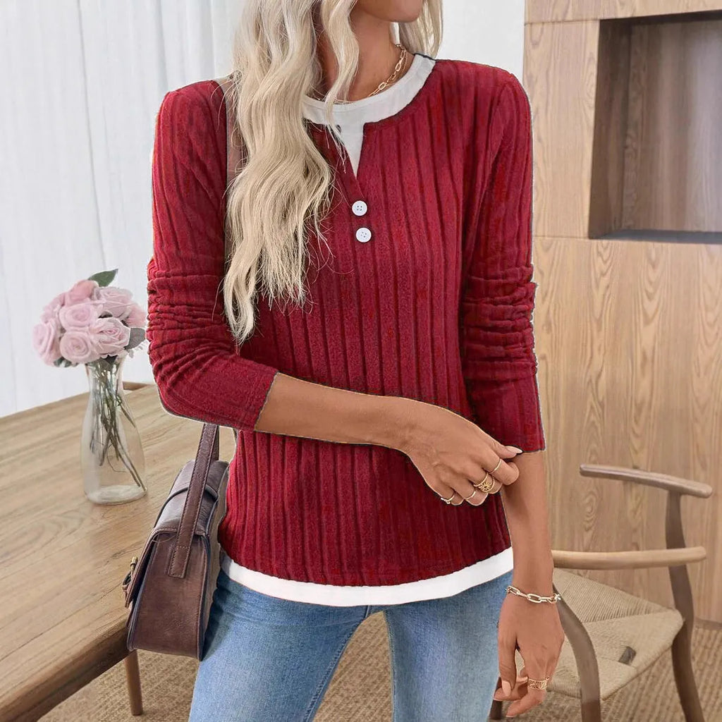 Women's solid colour button-front pullover sweater with a concave stripe texture pattern.