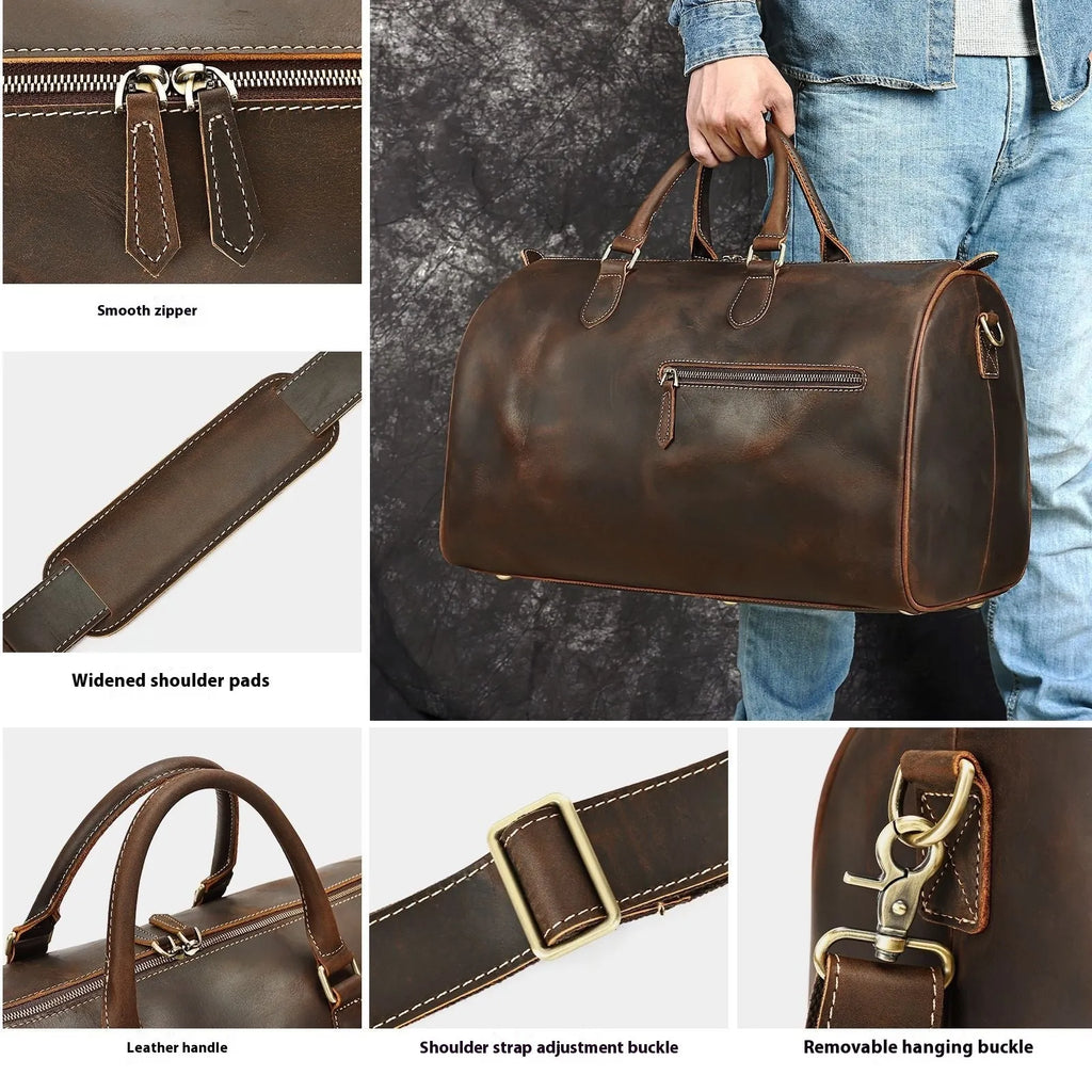 Men's genuine leather crossbody bag showing vintage design with substantial 48.3cm width dimensions