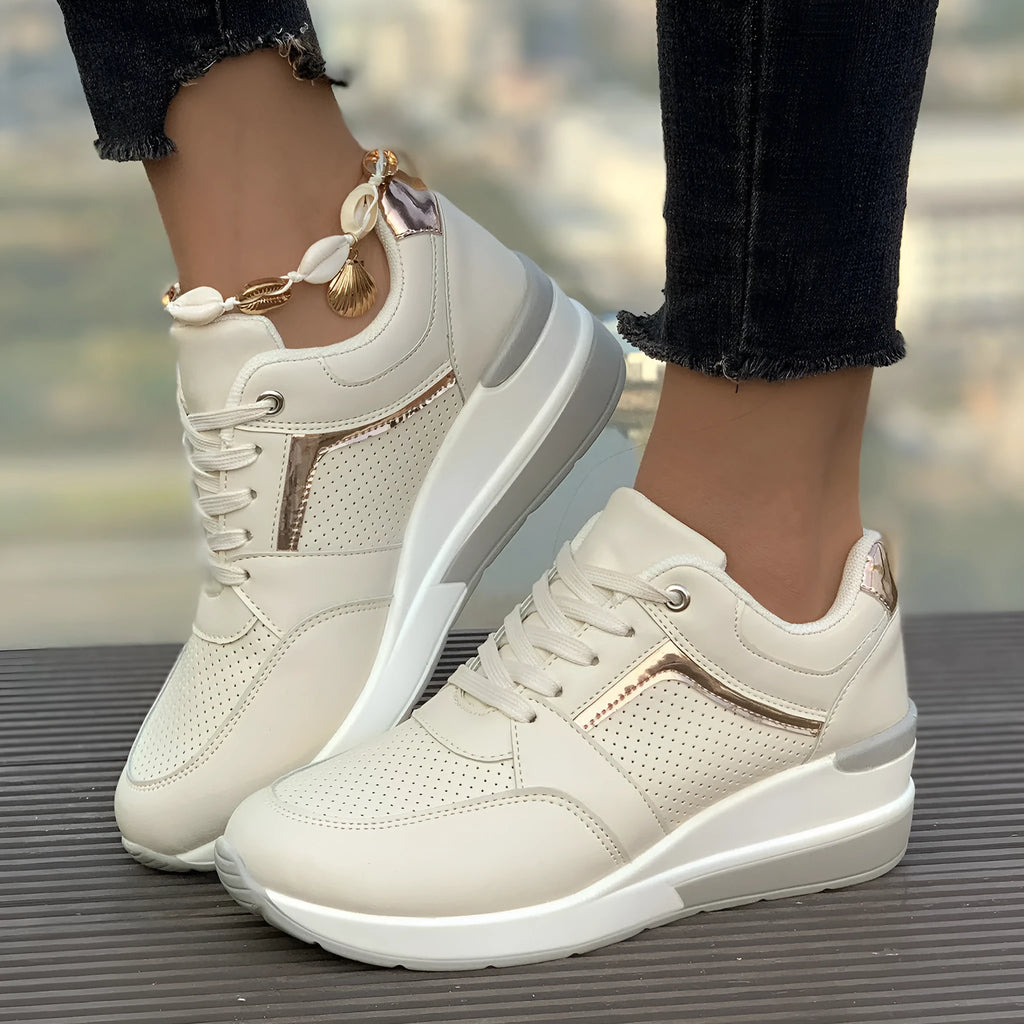 Women's milky white wedge platform casual shoes with front lace-up on a rubber sole.