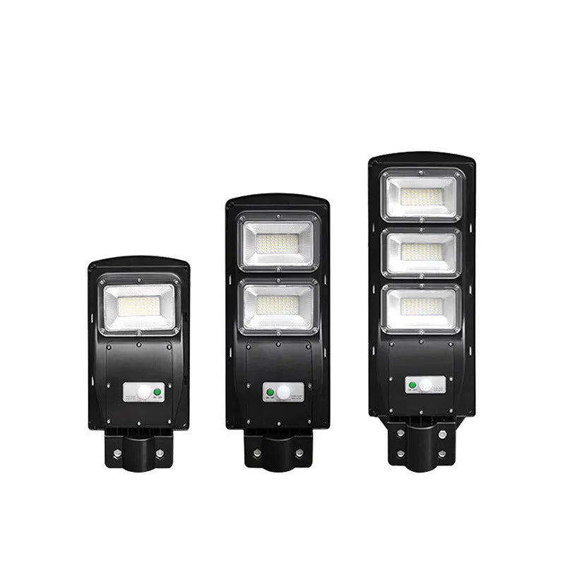 Integrated solar street light unit with solar panel and 60W LED lamp for outdoor use.