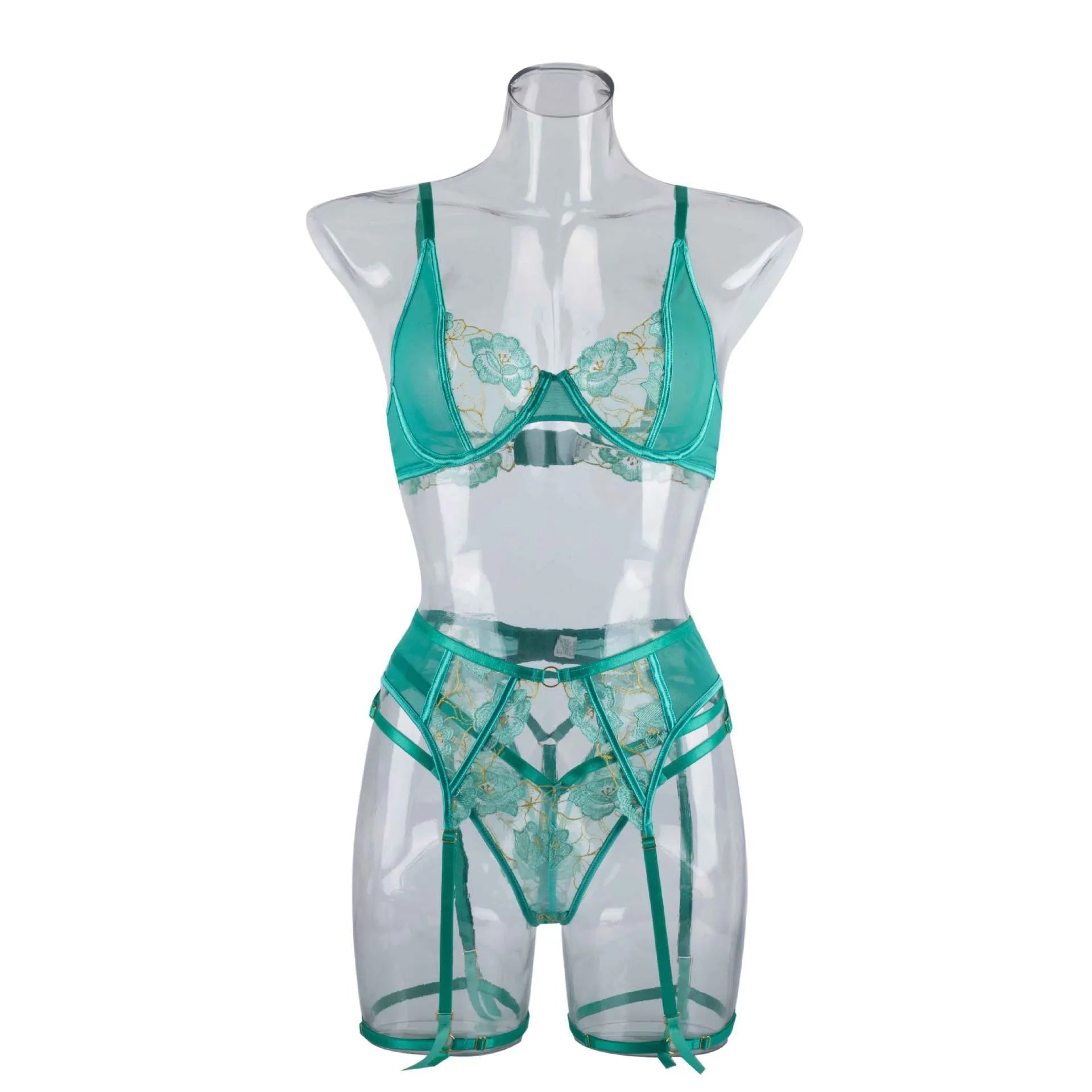 Light green women's bra set with embroidery detailing and matching bikini bottoms.