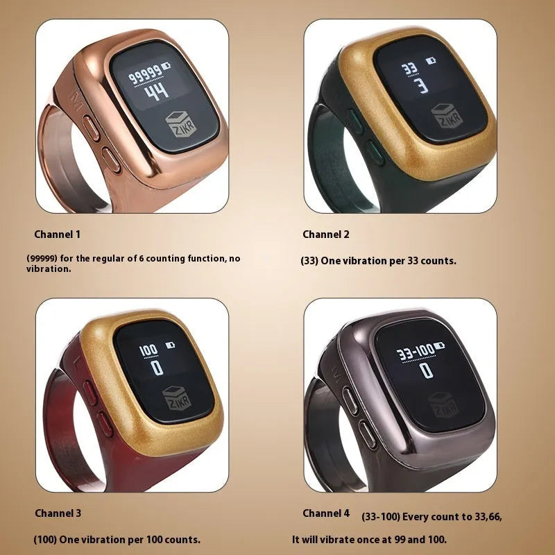 Al-fatiha digital electronic wrist counter with display screen shown in multiple colour options.
