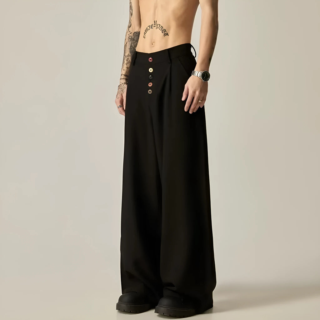Men's solid colour cotton blend wide-leg casual trousers on a hanger, showing the straight-leg cut and button fly.