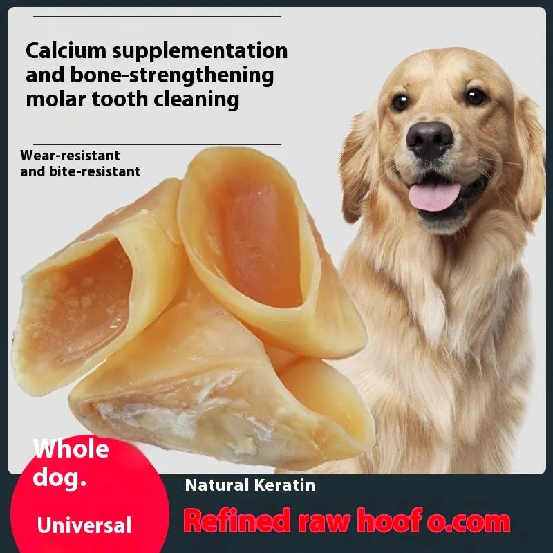 Natural cowhide grinding rod dog chew in hoof shell colour, shown in small and large sizes.