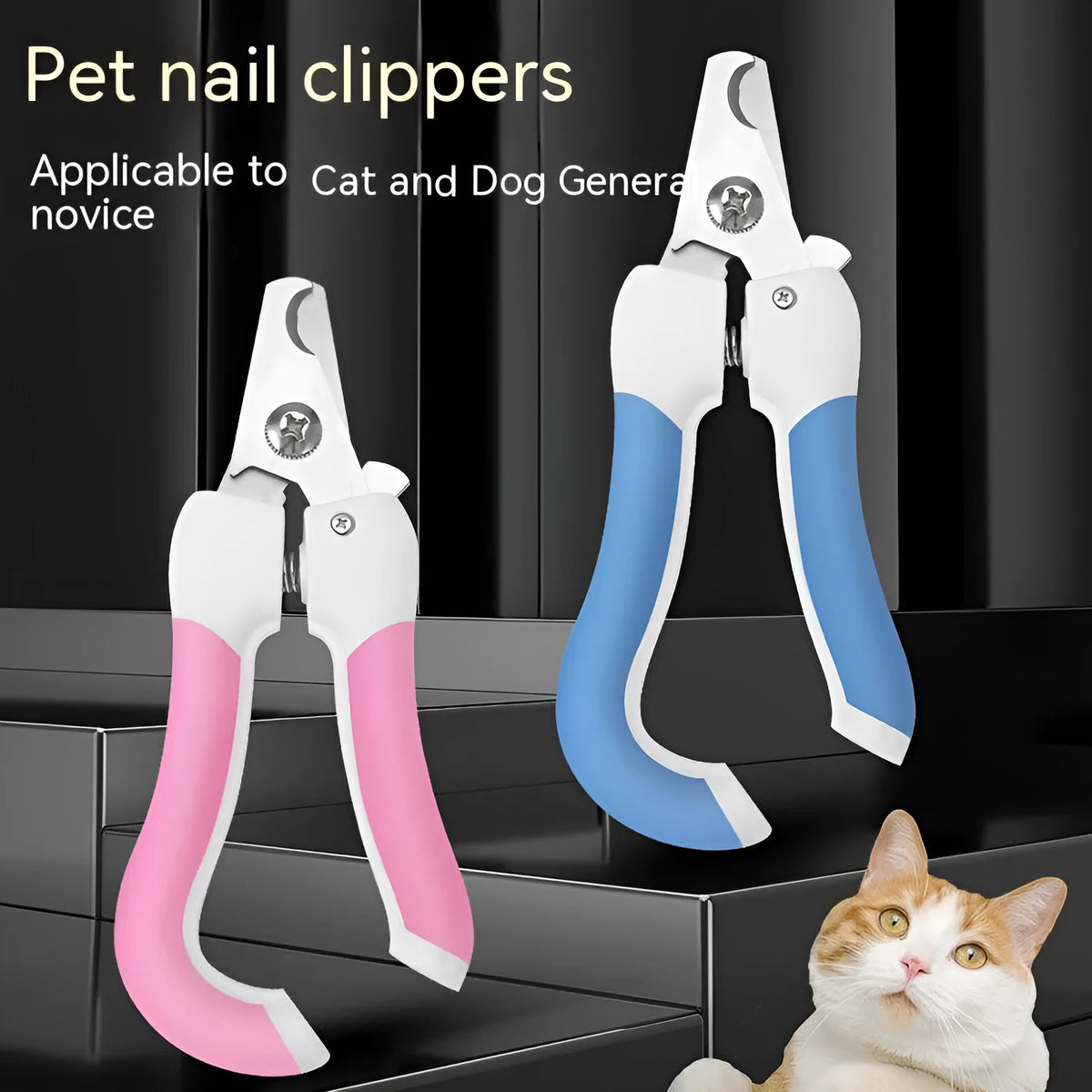 Pet nail scissors with stainless steel cutter head and curved handle in blue or pink, small or large, for dogs and cats