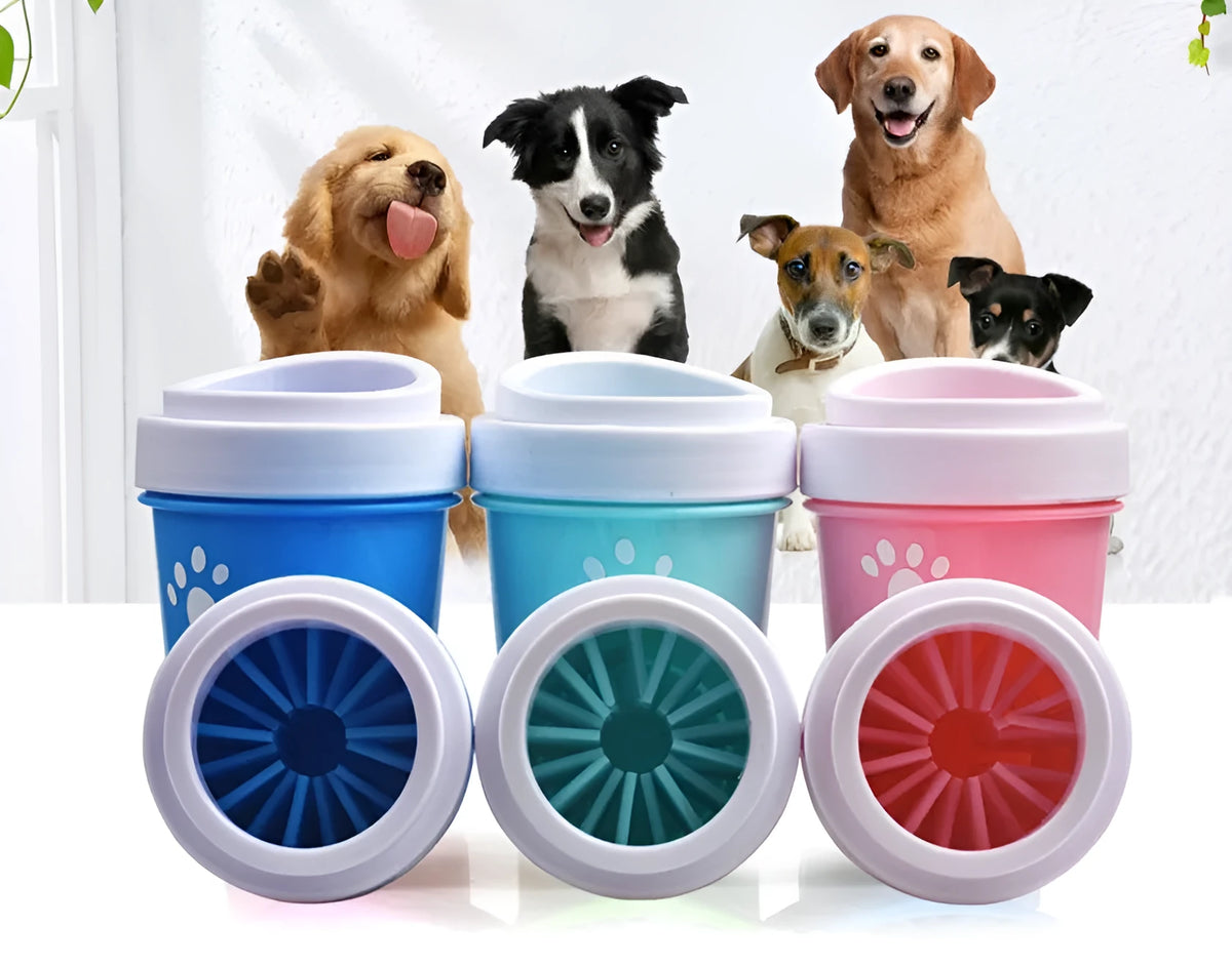 Silicone dog paw cleaner cup with soft bristles, available in blue, green, and pink, sizes M and S