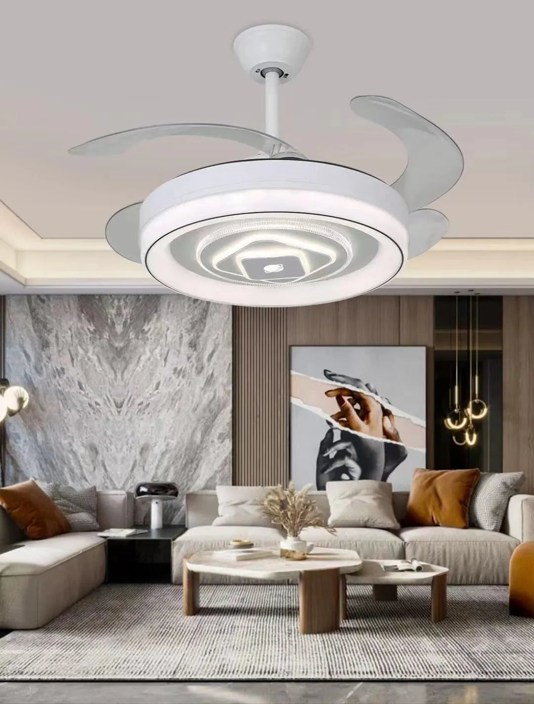 Nordic ceiling fan light with ABS blades in 42-inch or 48-inch diameter sizes