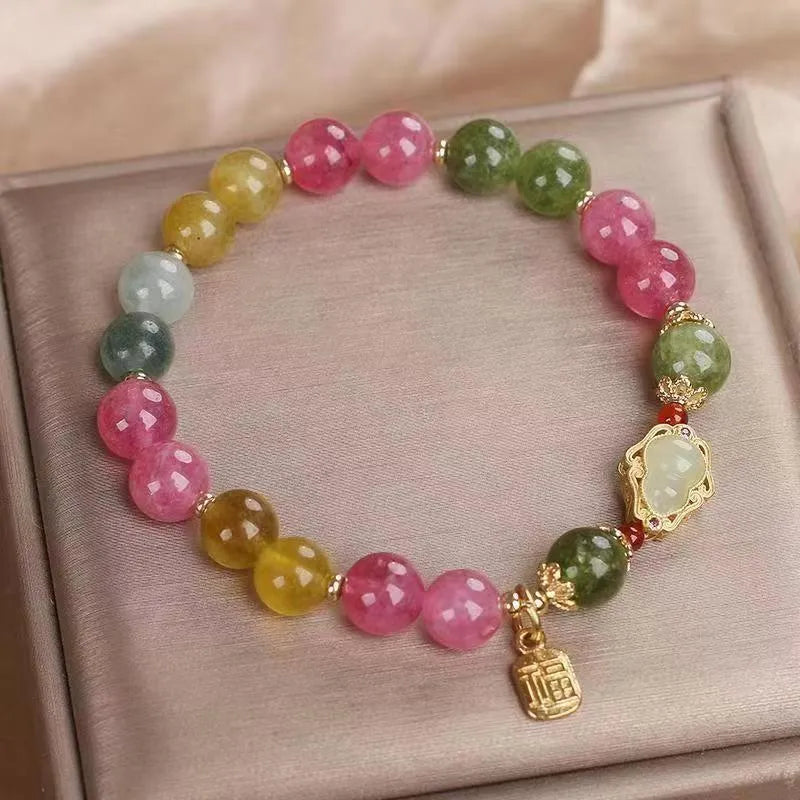 Women's bracelet with gourd blessing card design and colourful tourmaline electroplating finish