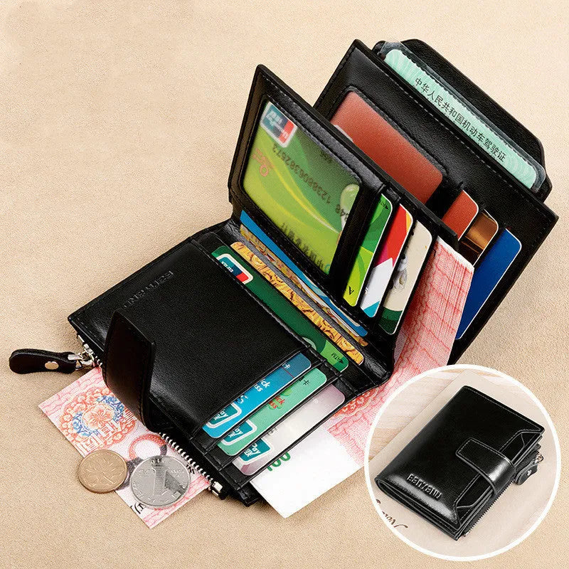 Vintage men's genuine leather oil wax short wallet with anti-theft RFID protection in brown two-fold style