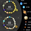 Two adjustable natural stone bead bracelets with sliding knots on a textured surface, showing zodiac designs.