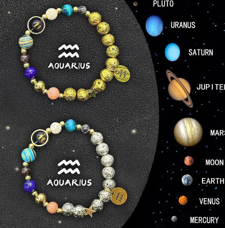 Two adjustable natural stone bead bracelets with sliding knots on a textured surface, showing zodiac designs.