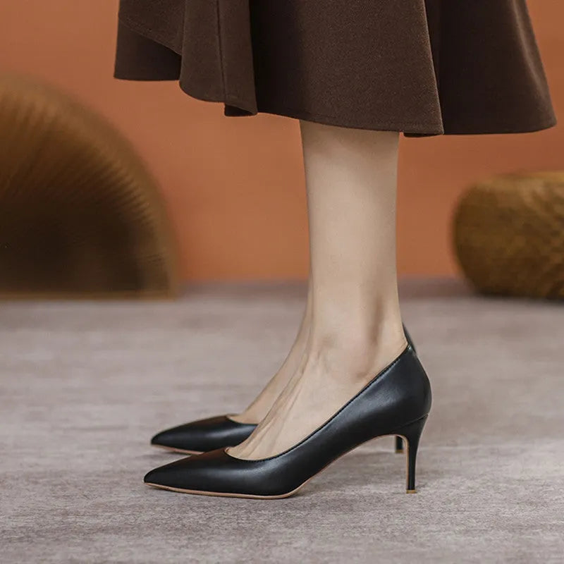 Black pointed toe high heel shoes with stiletto heel on white background