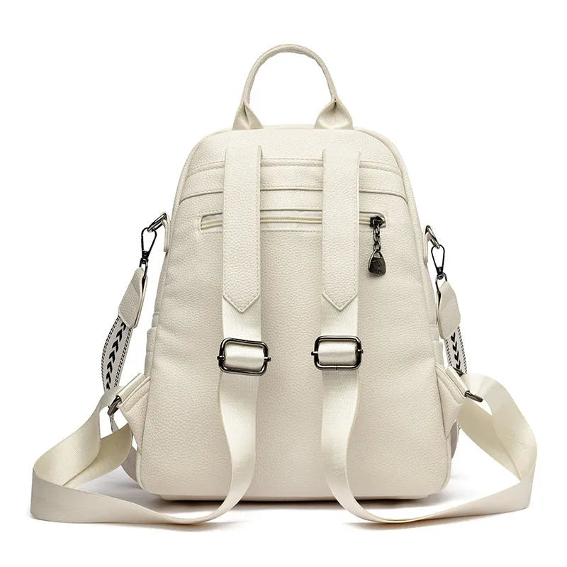 Geometric patchwork genuine leather backpack with belt decoration in beige available for travel