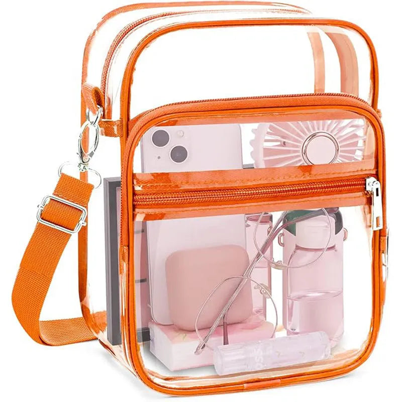 PVC waterproof crossbody bag in cube style design showing dimensions and colour options