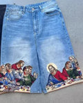 Men's blue cotton shorts with Jesus print on back pocket showing tapered fit design