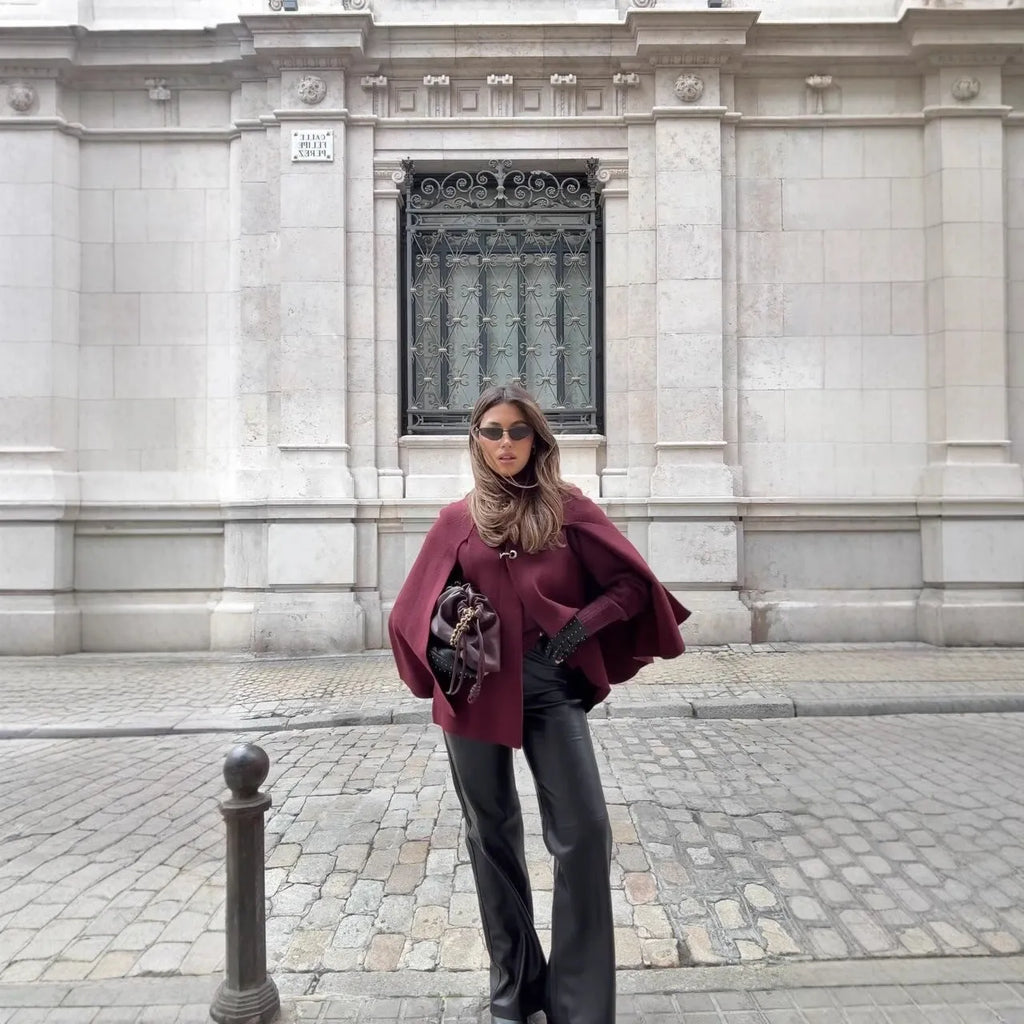 Cape round neck long sleeve knitted sweater coat in solid colour polyester, available in gray and wine red, sizes S M L