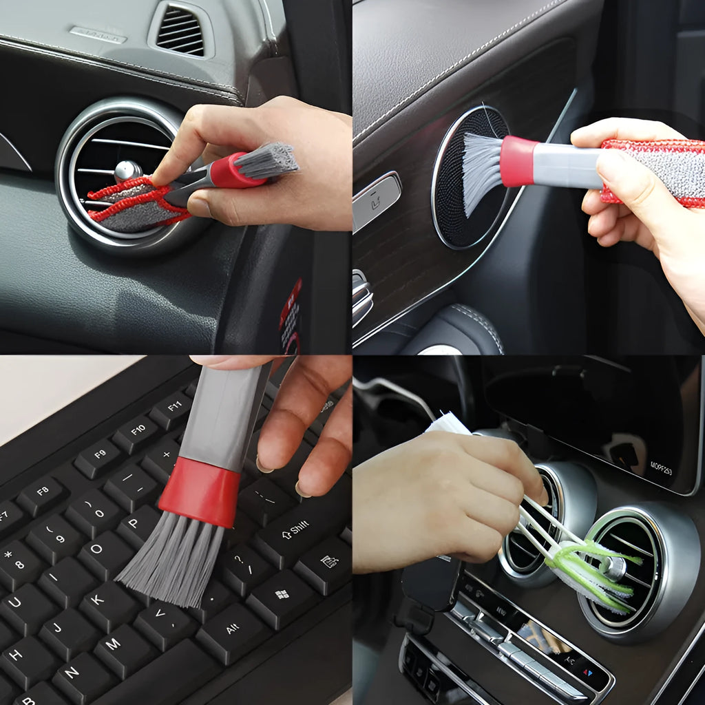 Multi functional double head gap brush for air conditioner slatted vent cleaning with green handle and superfine fibre bristles on white background