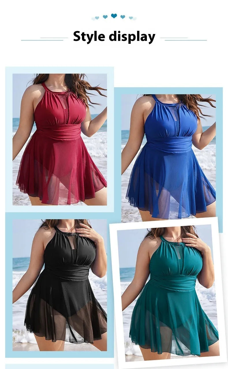 Women's black or red round neck lace one-piece swimsuit with nylon construction