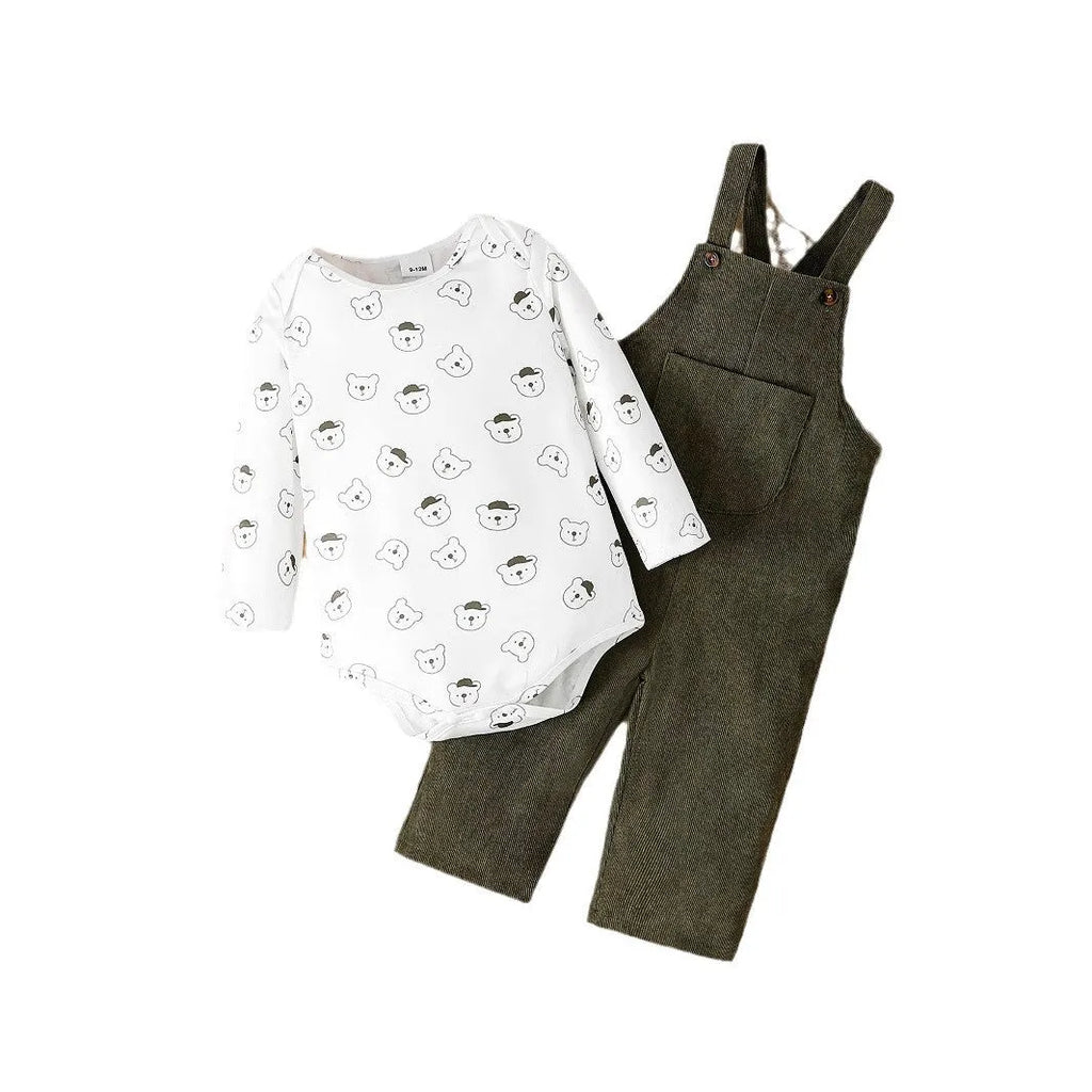 Green bear print long sleeve romper and corduroy suspender trousers two-piece suit for babies 0-18 months
