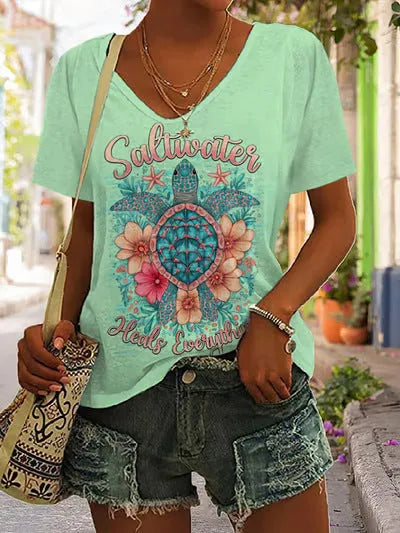 Women's turtle print V-neck short sleeve loose fit polyester top in Pattern 1, size M