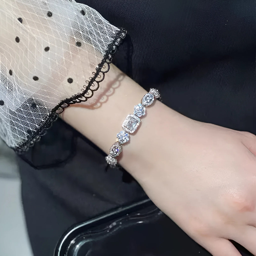 Women's geometric zircon bracelet, copper and white gold plated, 16+3cm or 18cm