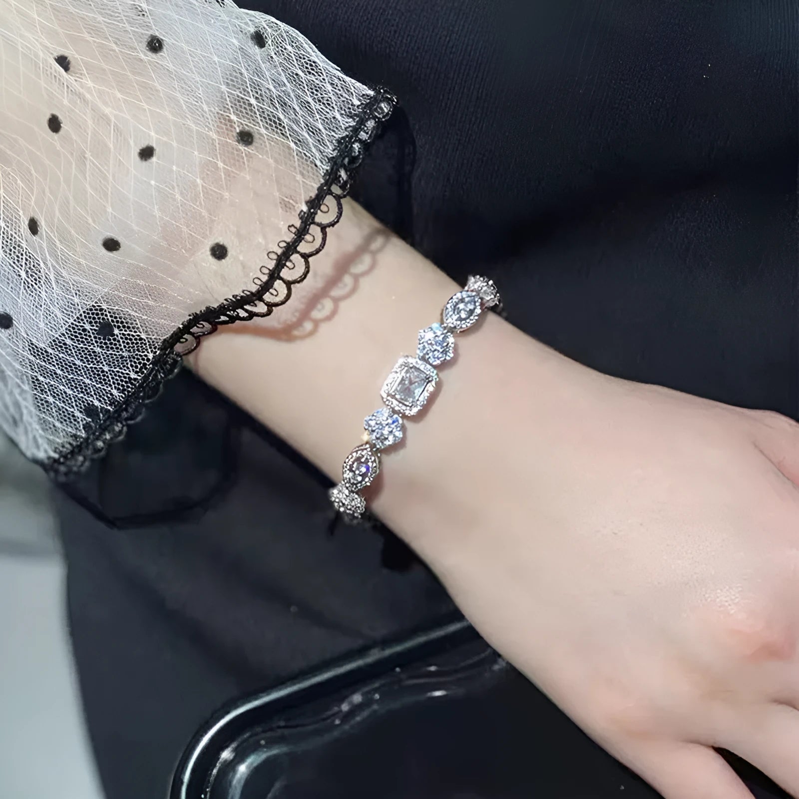Women's geometric zircon bracelet, copper and white gold plated, 16+3cm or 18cm