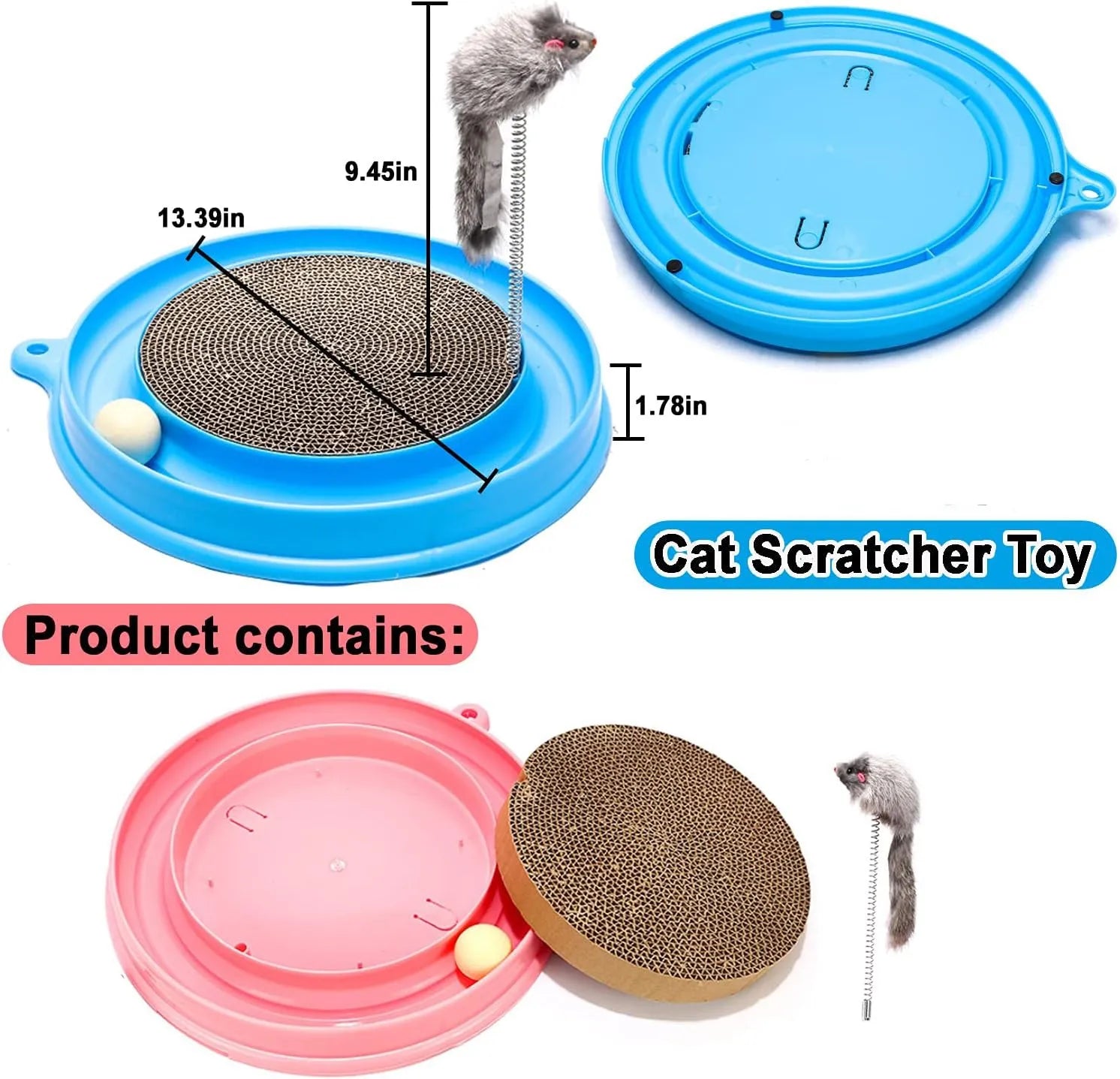 Round blue cat scratcher with track ball and mouse swatter attachment