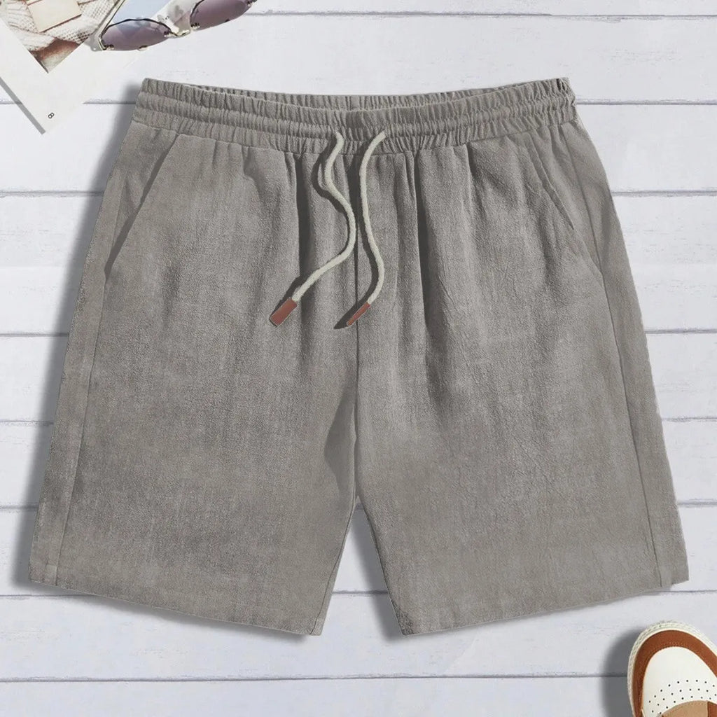 Men's thin linen loose casual shorts, no liner, drawstring waist, black light blue gray khaki navy blue