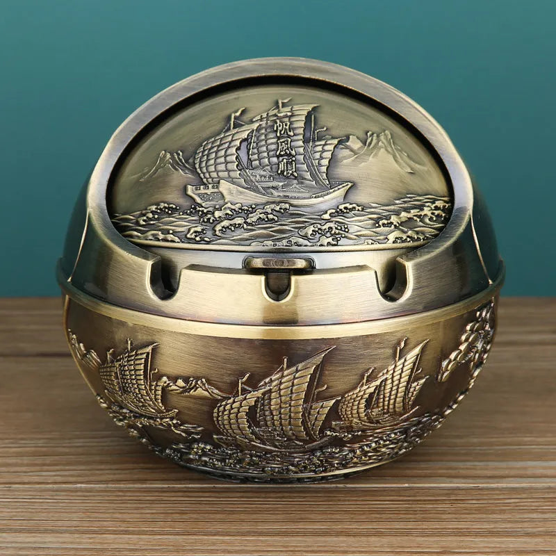 Creative bronze and red copper alloy ashtray with smoke extinguishing slot in various decorative styles.