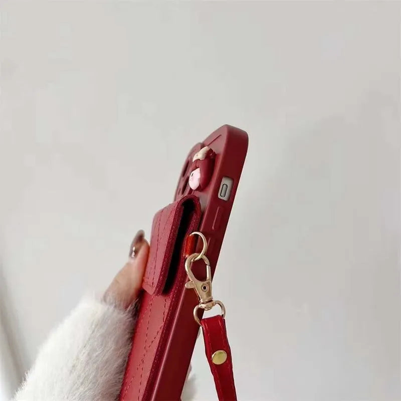 Red TPU crossbody card holder phone case with lanyard for iPhone, red diamond plaid pattern