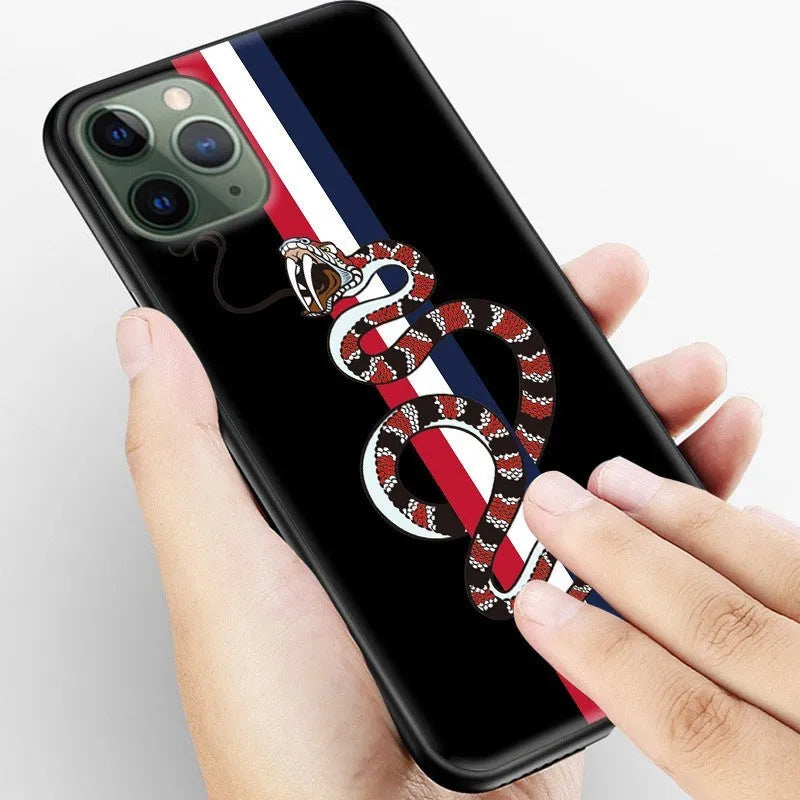 Black frosted soft silicone iPhone case with a cartoon snake UV painting design on the back.