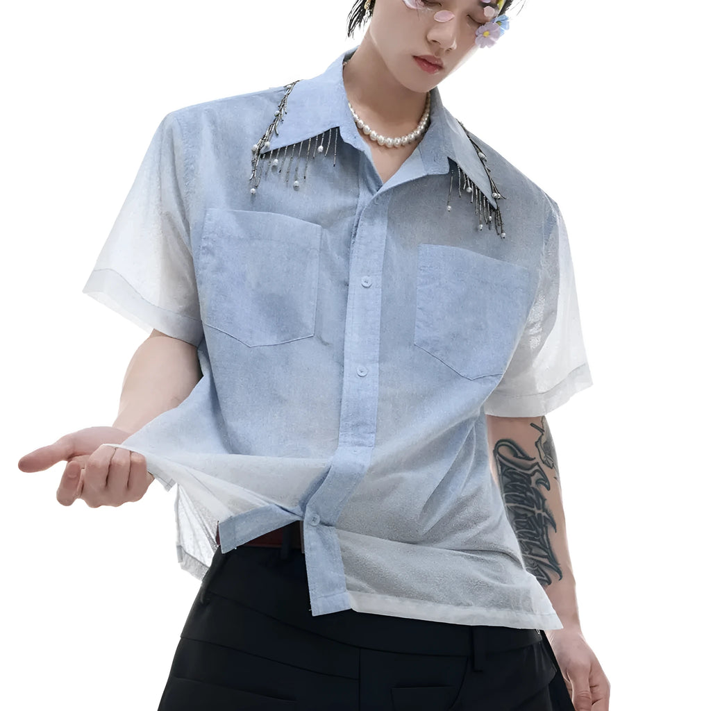 Men's loose fit blue and white gradient shirt with quilted pattern and short sleeves