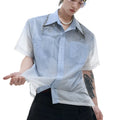 Men's loose fit blue and white gradient shirt with quilted pattern and short sleeves