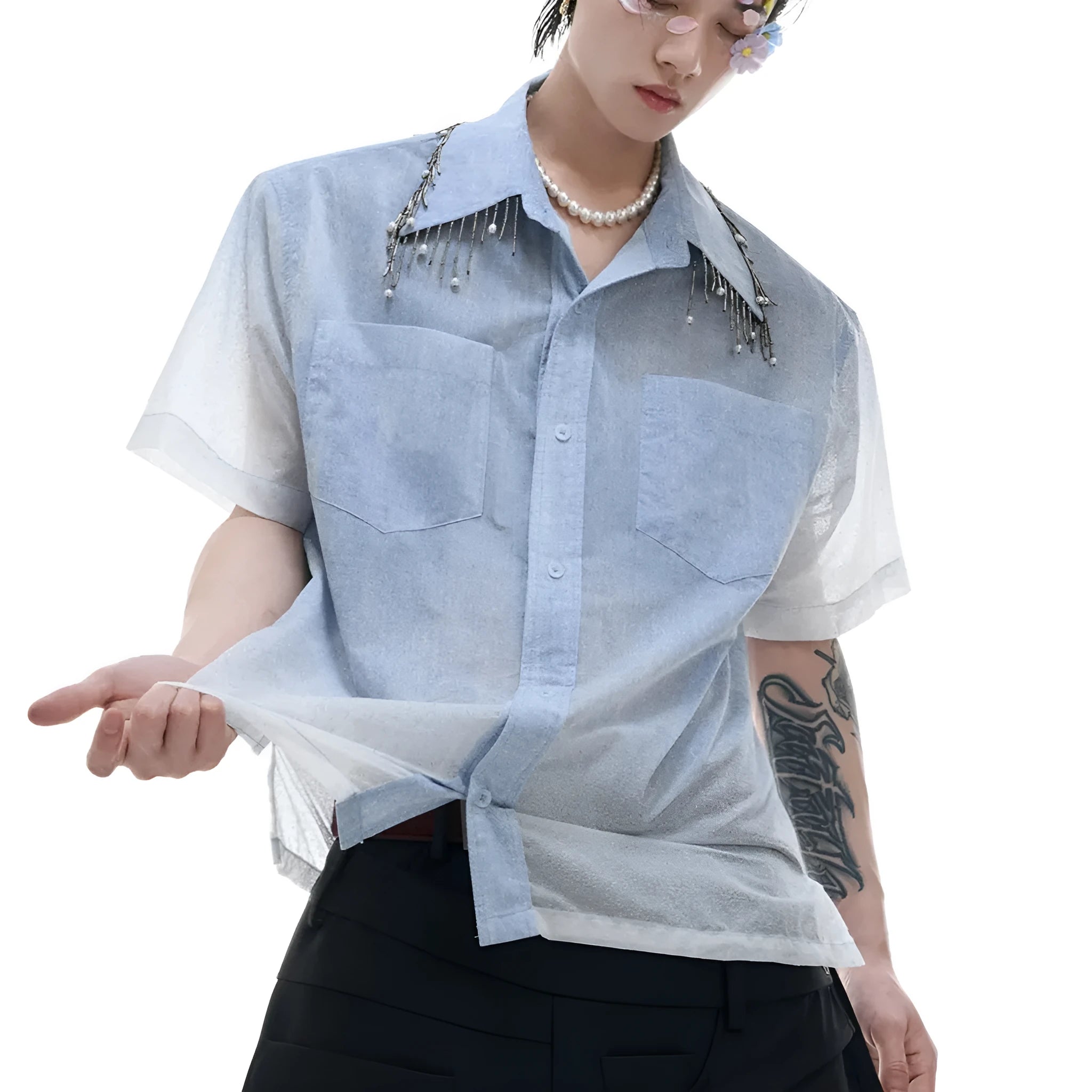 Men's loose fit blue and white gradient shirt with quilted pattern and short sleeves