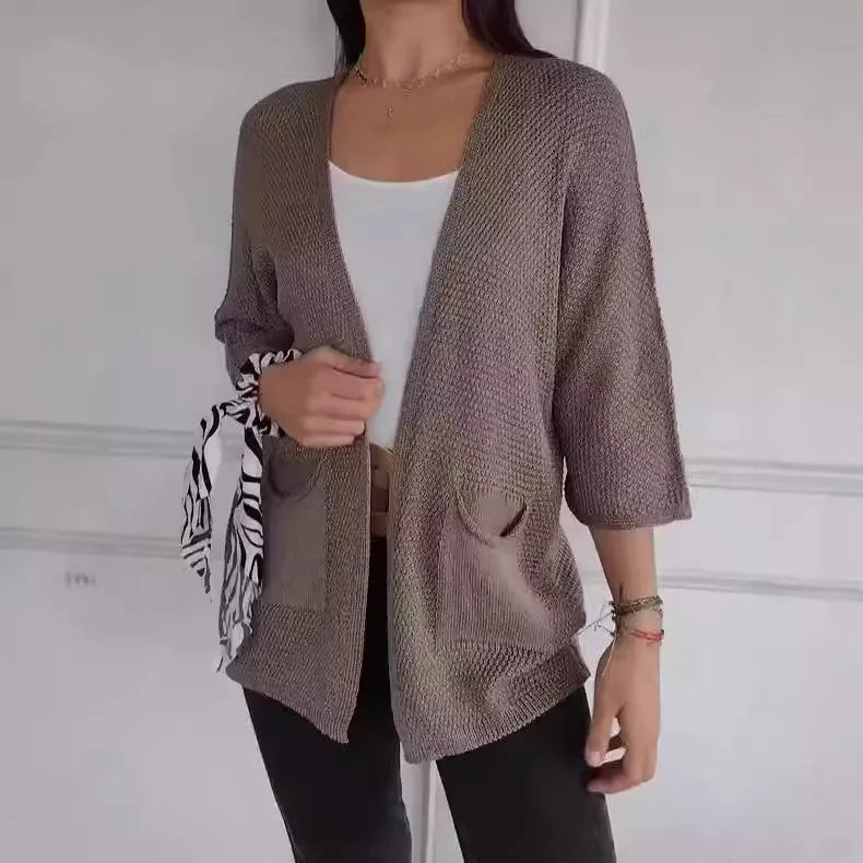 Women's waffle weave cardigan coat with nine-quarter sleeves in army green colour