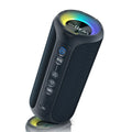Black and blue fabric wireless Bluetooth speaker with luminous lights.
