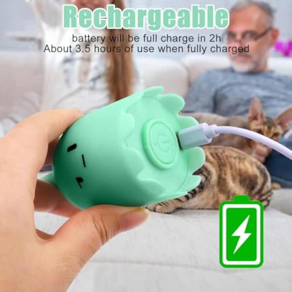 Green automatic cat wand toy with swinging silicone tails for indoor feline play