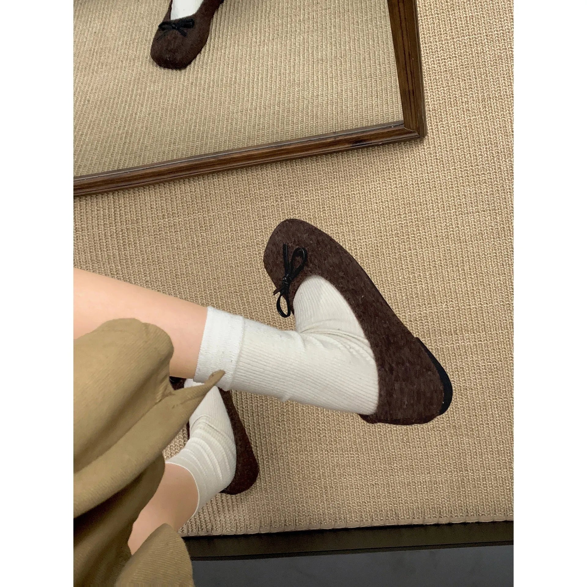 Retro French flat low-cut women's suede pumps in brown with cross shoulder strap detail and round toe