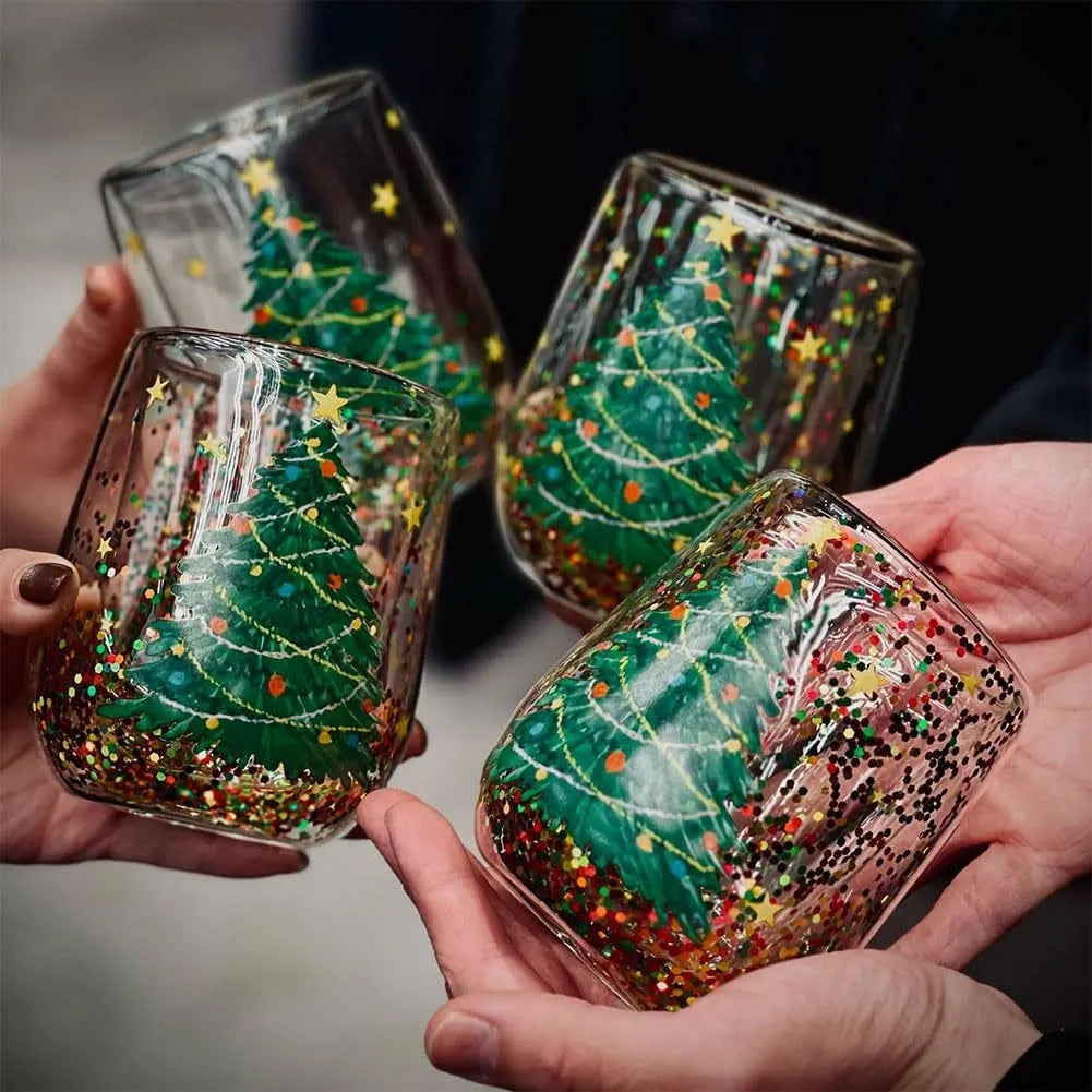 Double-layer Christmas tree glass tumbler with flowing sequins, borosilicate glass, 380ML capacity and 8.6cm x 11.8cm size