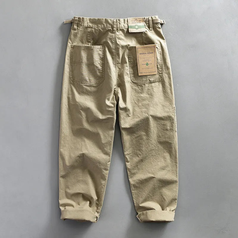 Men's straight-leg cotton work trousers in apricot, brown, and army green colours
