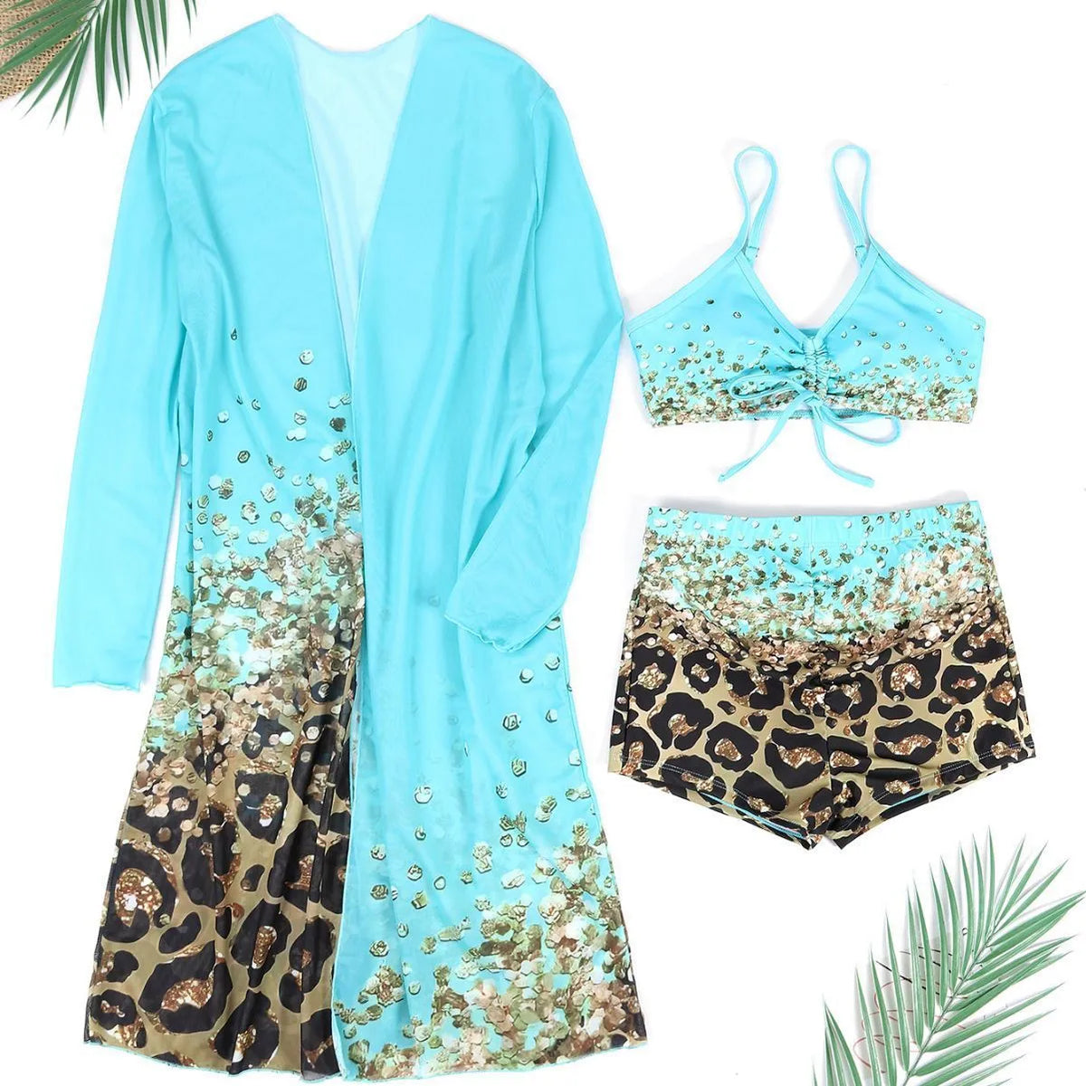 Women's polyester swimsuit set with sling, shorts, and coat in lake blue, black, or rose red