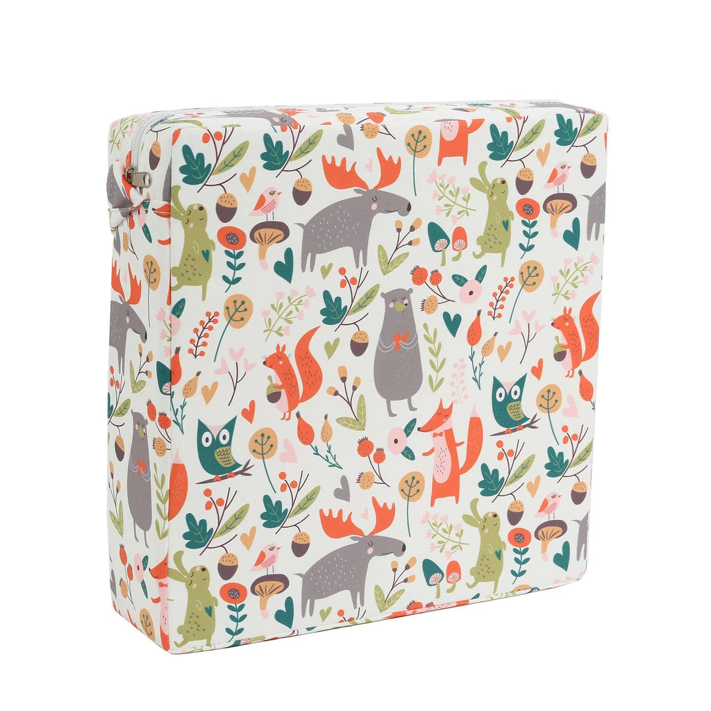 Portable children's dining chair booster seat cushion with Happy Animals pattern, dark green background, small style