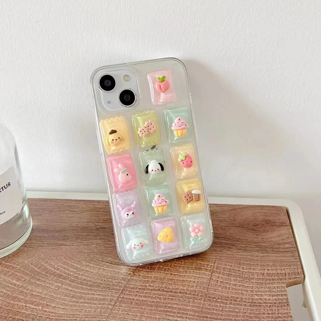 Three-dimensional candy colour TPU adhesive phone case for iPhone on a white background